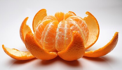 Poster - Close-Up of a Freshly Sun Peeled Mandarin Orange with Rind Curled Back, Exposing Vibrant Juicy Segments. Ideal for Health, Wellness, Nutrition, and Culinary Presentation Concepts