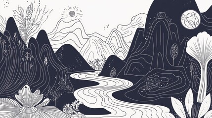 Aufkleber - Line art of meditative symbols and nature, creating a serene spiritual ambiance