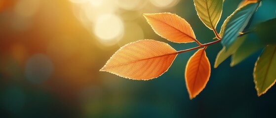 a leaf, tightly focused, on a tree branch sun illuminates leaves, casting intricate patterns backgro