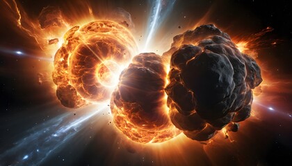 Aufkleber - Dynamic Collision of Two Large Glowing Objects Illustrating the Power of Cosmic Events with Explosions and Light Bursts