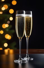 Vertical postcard, two glasses of champagne on a New Year's dark background, bokeh