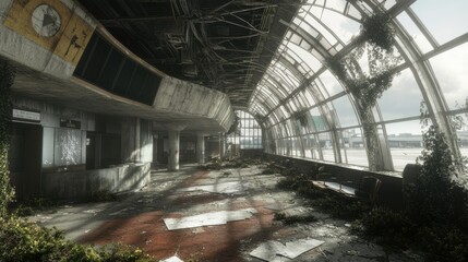 Poster - Ruined airport building with abandoned hallways, broken windows, and exposed framework