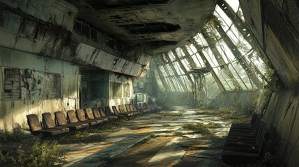 Poster - Ruined airport building with abandoned hallways, broken windows, and exposed framework