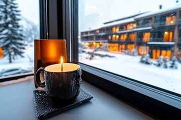 Poster - Minimalist depiction of frost on a window corner, capturing the quiet and understated beauty of winter mornings in a clean design, symbolizing purity and grace