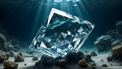 Poster - Stunning Underwater Scene Featuring Crystal Clear Diamonds Surrounded by Bubbles and Diverse Marine Life for Commercial and Artistic Use