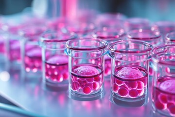 Poster - Colorful glass containers filled with vibrant pink liquids and spherical objects in a lab setting