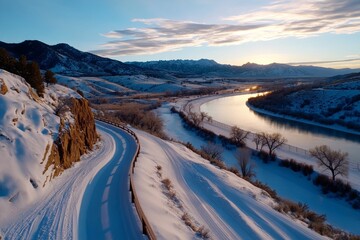 Poster - Snow flurries moving through a mountain valley at sunset, with warm light reflecting off the snow, capturing the calm and majestic beauty of winter, symbolizing vastness and tranquility