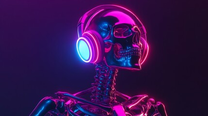 A chrome skeleton with headphones on a dark background with neon pink and blue lights.