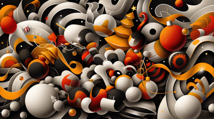 Poster - Colorful abstract design featuring swirling shapes, festive elements, and mix of orange, black, and white tones, creating vibrant and cheerful atmosphere
