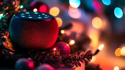 A close-up of a smart speaker glowing brightly amongst holiday decorations, creating a festive atmosphere with colorful lights and bokeh effects