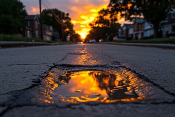 Poster - Sunlight reflecting on water as it flows toward a drain, creating a glowing, warm effect, capturing the beauty of light and motion, symbolizing warmth and transition