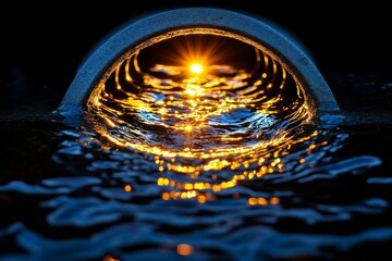 Poster - Sunlight reflecting on water as it flows toward a drain, creating a glowing, warm effect, capturing the beauty of light and motion, symbolizing warmth and transition