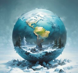 Illustration of Earth planet globe frozen in ice and snow with winter landscape.