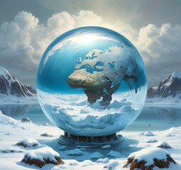 Illustration of Earth planet globe frozen in ice and snow with winter landscape.