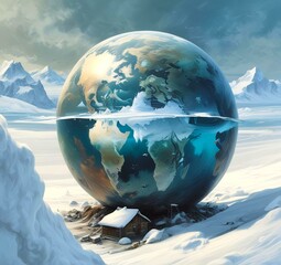 Illustration of Earth planet globe frozen in ice and snow with winter landscape.