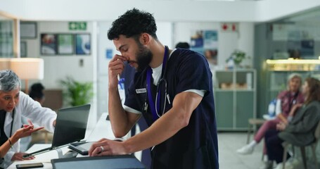 Poster - Stress, headache and doctor in hospital with mistake, crisis or burnout for medical service. Migraine, fatigue and male surgeon with exhaustion, error and emotions for healthcare fail in clinic.