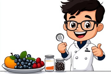 a 2D cartoon illustration of a health coach creating a meal plan healthy goals white background