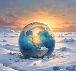 Illustration of Earth planet globe frozen in ice and snow with winter landscape.