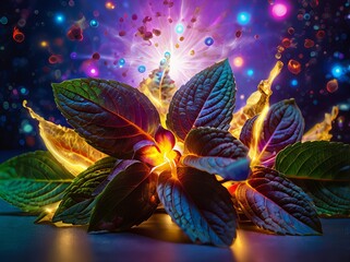 A vibrant arrangement of mint leaves glowing with mystical light effects and colorful particles, creating a magical and surreal botanical scene.
