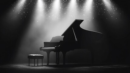 a grand piano sits on a stage, illuminated by spotlights.