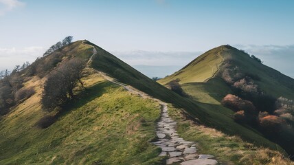 Stone path winding through green valley between two grassy hills with trees