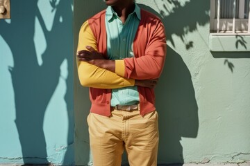 A person stands confidently against a colorful wall, in casual attire, radiating a vibrant and modern street style on a sunny day.