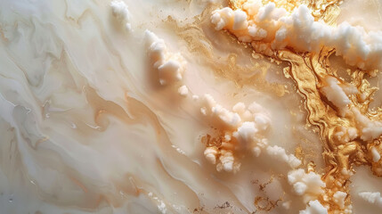 Poster - stunning abstract design featuring swirling patterns of cream and gold, with textured elements resembling clouds. This artwork evokes sense of elegance and tranquility
