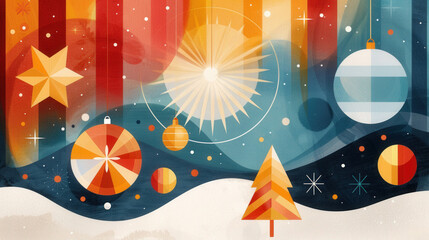 Aufkleber - Bright and colorful geometric patterns featuring Christmas ornaments, stars, and festive tree create joyful holiday atmosphere. Perfect for seasonal decorations and celebrations