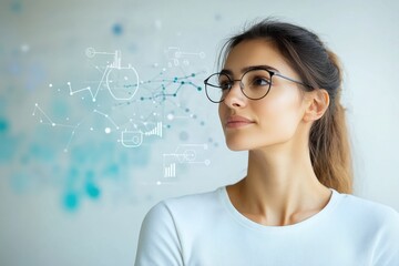 Poster - Young woman with glasses contemplating data visualization in a modern office setting