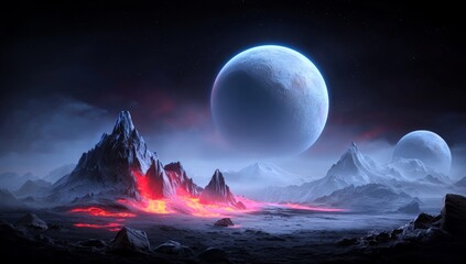 Wall Mural - in space, an alien planet can be seen. stock image.