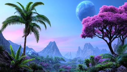 Wall Mural - a painting of a landscape surrounded by trees and planets.