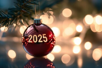 Wall Mural - Red christmas ball ornament showing 2025 golden glitter against blurred christmas lights