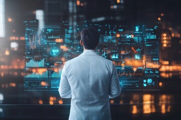 Poster - Scientist analyzes data on a futuristic digital interface in a modern research facility at night
