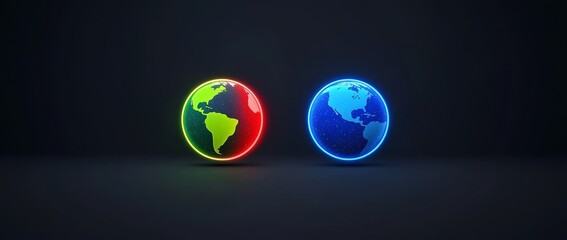 Wall Mural - a fantasy neon glitch illuminates three moons in blue, green, and red on a dark starry background wi