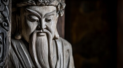 Close-up of a wooden sculpture depicting a man with a long beard, The sculpture's weathered surface adds to the overall feel of age and wisdom. for philosophy quotes, copy space