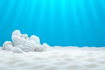 3D illustration of abstract undersea background with white sand and sun rays. Digitally generated image.