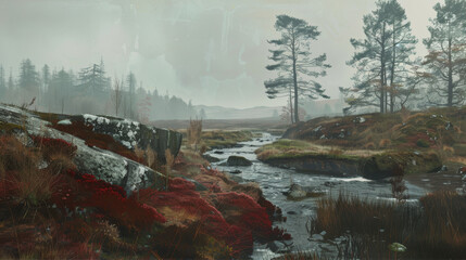 Wall Mural - Autumn foggy landscape with river
