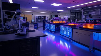 Aufkleber - A modern laboratory with a robotic arm, microscopes, and a scientist working at a lab bench.