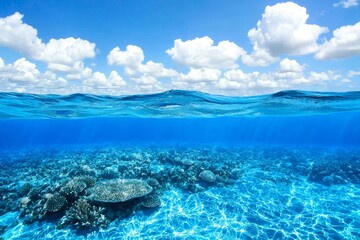 taking a picture from under the surface of the ocean, looking towards the sky. the light patch repre