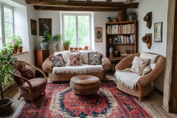 Wall Mural - Cozy bohemian living room with wicker furniture and persian rug