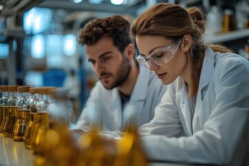 Poster - scientists conducting research in a laboratory focused on chemical experiments during the day