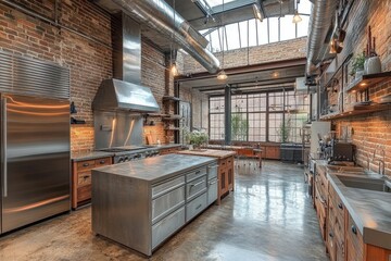 Wall Mural - Modern industrial kitchen showing stainless steel appliances and exposed brick wall