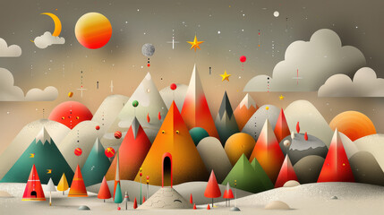 Poster - vibrant and whimsical landscape featuring colorful mountains, abstract shapes, and celestial elements. This artistic design evokes sense of wonder and creativity