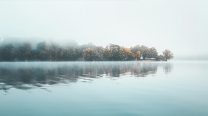 Wall Mural - Forest reflected in the lake on a foggy morning
