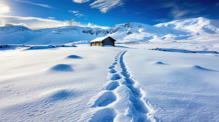 Wall Mural - serene winter landscape featuring footprints in fresh snow leading to cozy cabin surrounded by majestic mountains. scene evokes sense of tranquility and adventure