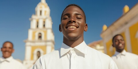 Smiling young man in traditional attire against colorful architecture background.