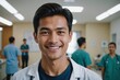 © ThomasLENNE - Close portrait of a smiling young Bruneian man doctor looking at the camera, Bruneian hospital blurred background