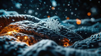 Poster - beautiful snowflake rests on cozy woolen surface, surrounded by soft textures and gentle snowfall, evoking warm winter atmosphere