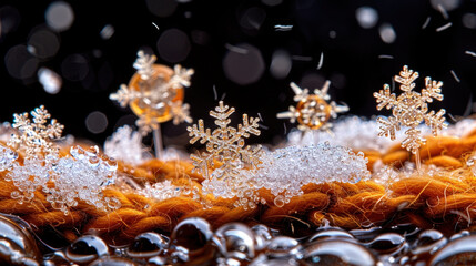 Poster - Cozy winter scene featuring delicate snowflakes resting on textured surface, surrounded by glistening droplets. warm tones contrast beautifully with icy elements