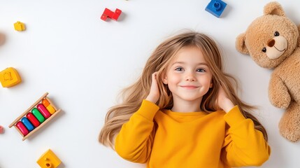 Colorful children's toys for playtime and development arranged in a playful round layout on a clean white background